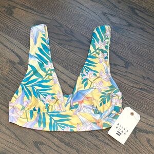 Billabong Yellow Floral V-Neck Bikini Top with Teal Leaves